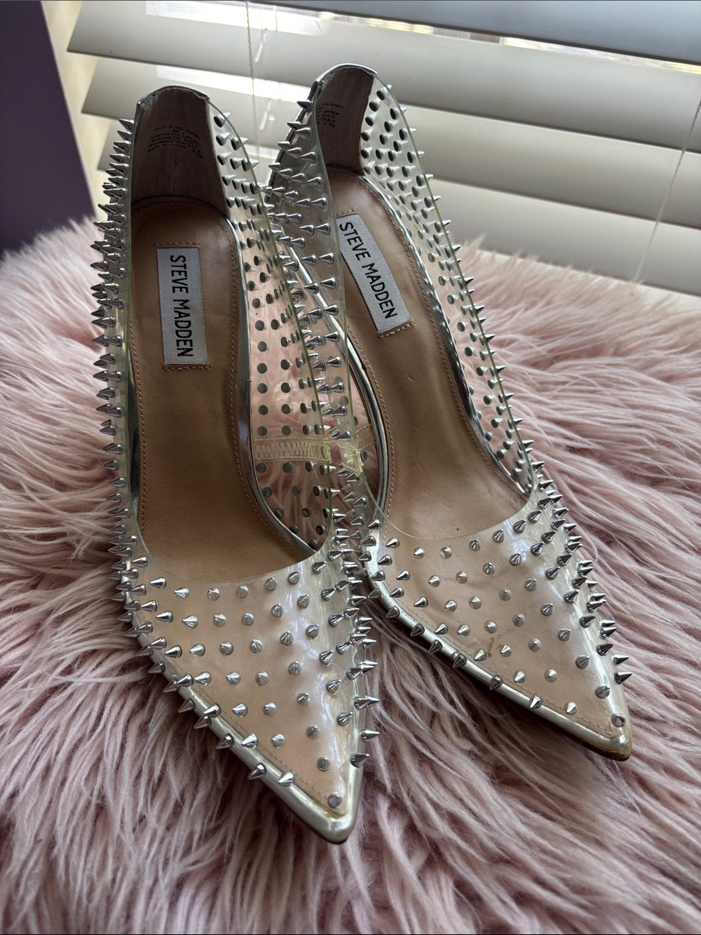 Steve Madden Clear Pointed Spike Pumps with Silver Studs
